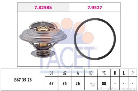 Термостат BMW 3(E30/E36)/5(E34)/ Volvo 940 1.6-2.8 87-00 (88C) з прокладкою (7.8258) - (11531721002, 11531721003, 11537511580) FACET 78258