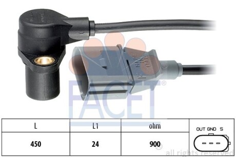 Датчик оборотов коленвала VW Golf, Passat B5/Audi A4,A6/Skoda Octavia 1.8-3.0 (96-10) (9.0205) - FACET 90205