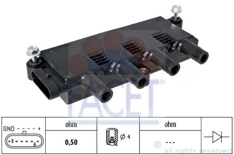 Катушка зажигания Fiat 500/Panda/Grande Punto/Punto 1.2/1.4 03- - (55200112, 55200486, 55208723) FACET 9.6323