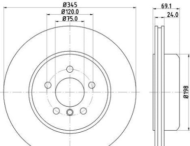 Диск тормозной BMW 5 F10/11/7 F01-04 задний вент. D=345мм. - (34216775289, 6775289) HELLA 8DD355119281 (фото 1)