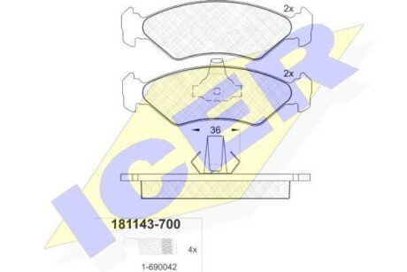 Колодки гальмівні (передні) Ford Fiesta 91-03/Ka 97-08/Mazda 121 96-03 - ICER 181143-700