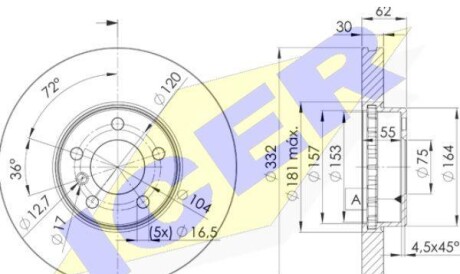 Диск гальмівний (передній) BMW X5 (E70) 06-13/X6 (E71/E72) 10-14 (332x30) (з покриттям) (вентил.) - ICER 78BD1985-2