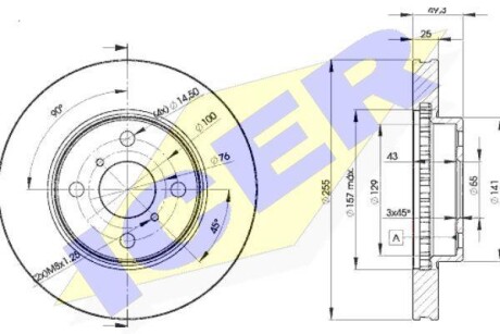 Диск гальмівний (передній) Toyota Corolla 97-08 (255x25) (з покр.) (вентильований) - (4351213030) ICER 78BD2100-2