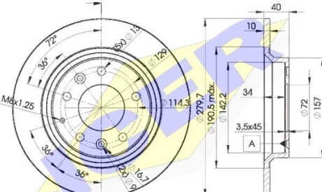 Диск гальмівний (задній) Mazda 6 02-13/626 V 98-02/323 F/S 01-04 (280x10) (з покриттям) (повний) - ICER 78BD3268-2