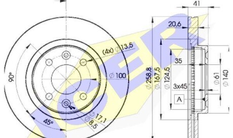 Диск гальмівний (передній) Renault Kangoo 97-/Clio 91-/Megane 95-03/Logan 04-(259x20.6)(з покр)(вент) - ICER 78BD3550-2