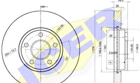 Диск гальмівний (передній) Ford C-Max 07-10/Focus/Volvo C30/C70/S40 04-12 (278x25)(з покр.)(вент.) - ICER 78BD3963-2