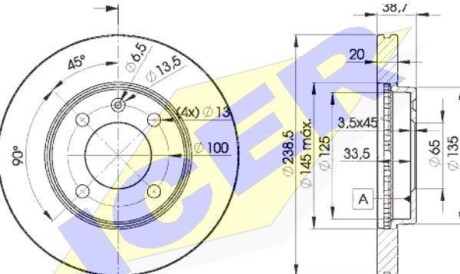 Диск гальмівний (передній) VW Golf 76-99/Passat 81-88/Polo 95-01/Seat Ibiza 93-(239x20)(з покр)(вент) - ICER 78BD3975-2