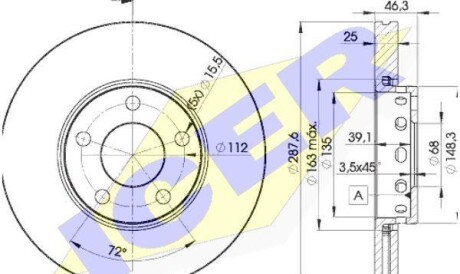 Диск гальмівний (передній) Audi A4/A6/VW Passat 95-08/Skoda Superb 02-08 (288x25)(вент.) - (4A0615301C, 4A0615301D, 4A0615301E) ICER 78BD4063-2 (фото 1)