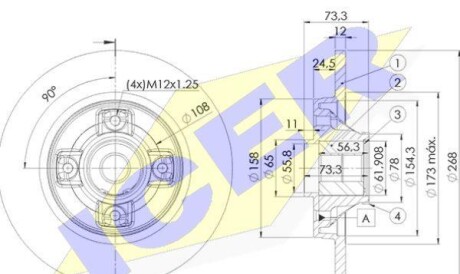 Диск гальмівний (задній) Citroen C4/Peugeot 308/3008/5008 06- (268х12)(+ABS)(з підш.)(з покр)(повний) - ICER 78BD5023-1