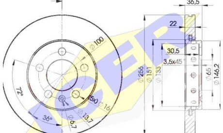 Диск гальмівний (передній) Skoda Fabia/Octavia 98-15/VW Golf 97-07/Polo 01- (256x22)(з покр)(вент) - ICER 78BD5602-2