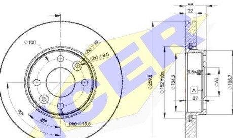 Диск гальмівний (передній) Renault Clio 05-14/Megane 99-/Nissan Note 06-12 (260x22)(з покр.)(вентил.) - ICER 78BD7795-2