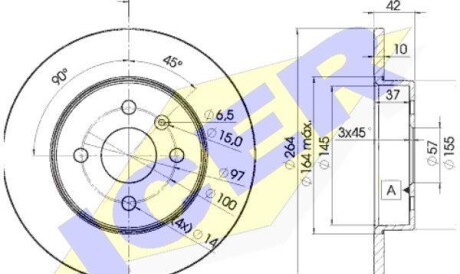 Диск гальмівний (задній) Opel Combo 01-/Astra H/Meriva A 05-10 (264x10) (повний) - (569116, 93176548) ICER 78BD9116-2