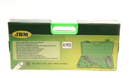 Набор ключей накидных комбинированных шарнирных с трещоткой 6 шт (8-19 мм) - JBM 53018