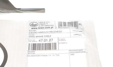 Фото 2 - Трос ручного тормоза LINEX 47.01.27 (470127)
