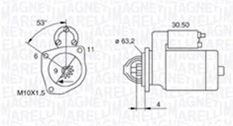 Стартер Renault Clio/Kangoo/Laguna/Megane 1.9D 96-/Dacia Logan/Sandero 1.2 06- (0.8kw) (z=9) - (7700867838, 7700864608, 7701499651) MAGNETI MARELLI 063721057010