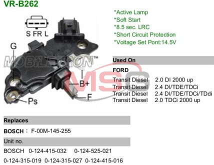 Регулятор генератора IB255 - (1C1T10300AB, 1C1T10300AD, 1C1T10300AE) MOBILETRON VRB262