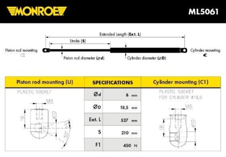 Газовая пружина, крышка багажник - MONROE ML5061