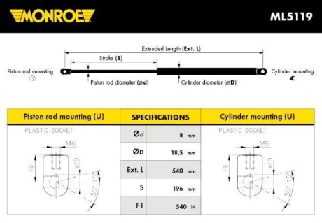 Газовая пружина, крышка багажник - (lr002104, 5132262, 6h52406a10af) MONROE ML5119