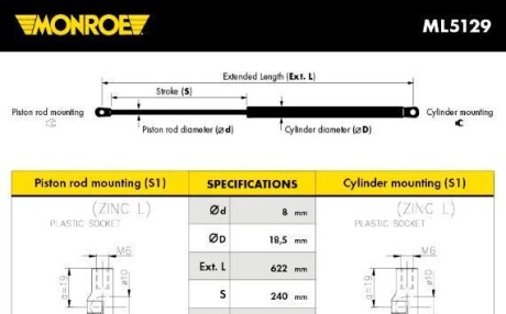 Газовая пружина, крышка багажник - (087310, 873100, 8731E3) MONROE ML5129