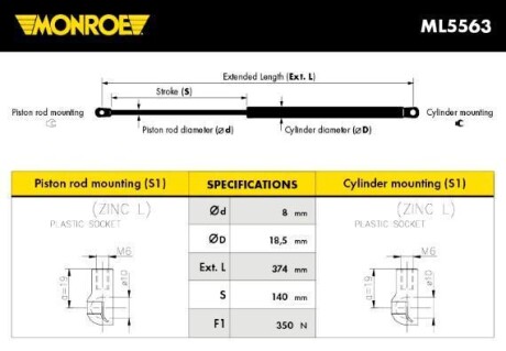 Газовая пружина, капот - (7118370, 51237118370) MONROE ML5563