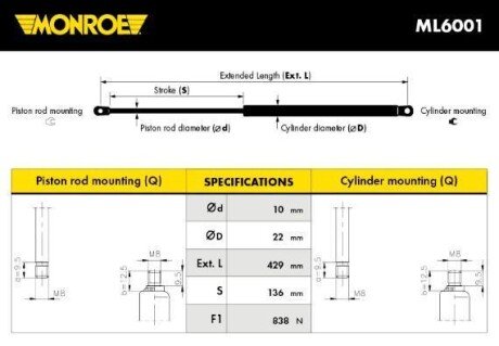 Газовая пружина - (55136760AA, 55137022AA, 55137022AB) MONROE ML6001