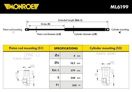 Газовая пружина - (654713274R, 7000210541C0) MONROE ML6199