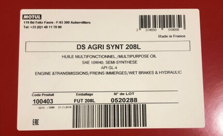 Моторное масло DS Agri Synt 10W-40, 208 л (900478) - (93165216, 93165215, 93165213) MOTUL 100403