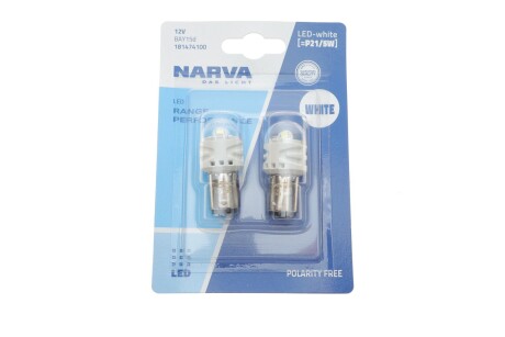 Автолампа P21/5W 12V 2.4/0.48W BAY15d LED (біла) (к-кт 2шт) - (7703097179) NARVA 181474100