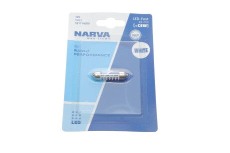 Автолампа 12V 0,6W SV8.5 (9.8x38mm) Festoon (LED) (blister/1шт) (6000K) - NARVA 181714000