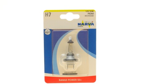 Автолампа H7 12V 55W PX26d Range Power 50+ (блістер/ 1шт) - NARVA 483394000