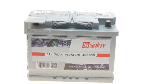 Акумуляторна батарея 70Ah/760A (278x175x190/+R/B13) (Start-Stop AGM) - Solgy 406030