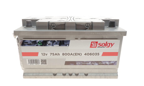 Акумуляторна батарея 75Ah/800A (315x175x175/+R/B13) (Start-Stop EFB) - Solgy 406035