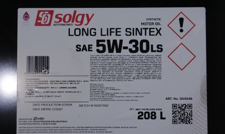 Олива 5W30 LONG LIFE SINTEX LS (208L) (MAN M3477/MB 235.28/Volvo VDS-4/VDS-3/RENAULT RLD-3/RLD-4) - Solgy 504048