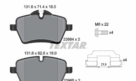 Колодки гальмівні (передні) Mini (R50/R53/R52/R56/R57/R58/R59) 01-16 (Lucas) Q+ - (34116778320, 34116798469, 34119804735) TEXTAR 2398401