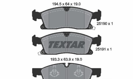 Колодки гальмівні (передні) Jeep Grand Cherokee IV 3.0-6.4 10- (Teves) Q+ (194.5x64x19) - (0064203920, 0064203820, 68052369AA) TEXTAR 2519002