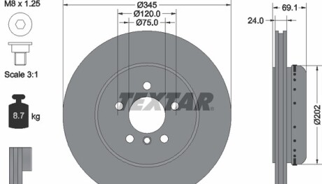 Диск гальмівний (задній) BMW 5 (F10/F11)/6 (F06/F13)/ 7 (F01-04) 09- (345x24) PRO+ - TEXTAR 92253925