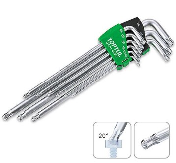 Набір ключів 9 шт, профіль: TORX Tamper, розмір ключа для гнізда E-TORX: T10H, T15H, T20H, T25H, T27H, T30H, T40H, T45H, T50H, T10H, T15H, T20H, T25H, T27H, T30H, T40H, T45H, T50H - Toptul GAAL0928