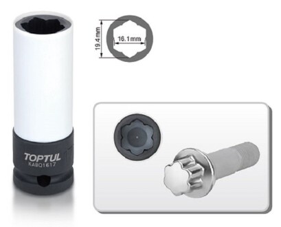 Насадка удар 1/2" (12,5 мм) 1 шт, паз, для коліс / для легкосплавних колісних дисків, розмір насадок 6/12-кутних (мм): 16,1 мм, Mercedes - Toptul KABQ1617
