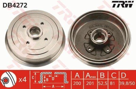 Барабан гальмівний DAEWOO LANOS +HUB задн. - (96193876, 96081274, 96193771) TRW DB4272