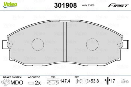 Колодки тормозные передние - Valeo 301908