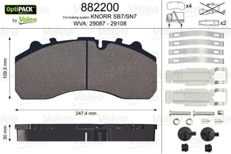 Комплект гальмівних накладок, дискове гальмо - Valeo 882200