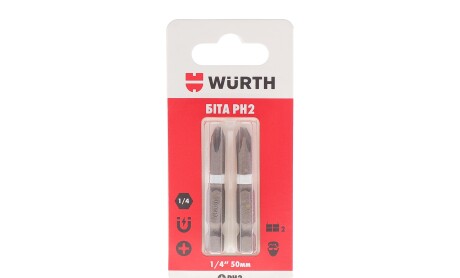 Бита 1/4" PH2 x 50mm 2 ед. - WURTH 1614176692902