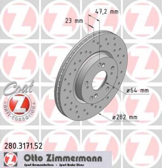 Диск гальмівний (передній) Honda Civic/FR-V 05- (282x23) PRO - ZIMMERMANN 280.3171.52