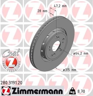 Tarcza hamulc. honda cr-v 12- przуd - (42251T1GG00, 45251T1GG00, 45251T1GG01) ZIMMERMANN 280.3191.20