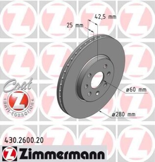 Диск гальмівний Coat Z - (93175376, 569006, 569007) ZIMMERMANN 430.2600.20